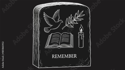 Hand-drawn sketch of a memorial tombstone with symbolic elements for remembrance and peace.