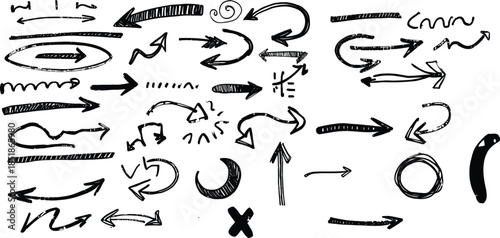 A collection of hand drawn arrows and directional symbols in black on a white background