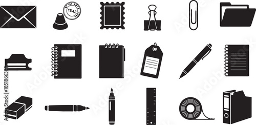 Collection of black office supplies icons