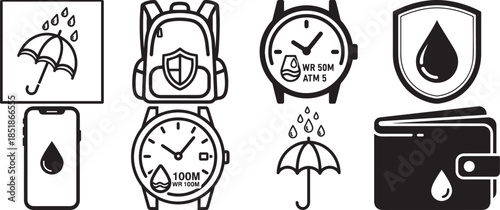 Waterproof Icon Set – Black & White Symbols for Water-Resistant Gear, Tech, and Accessories