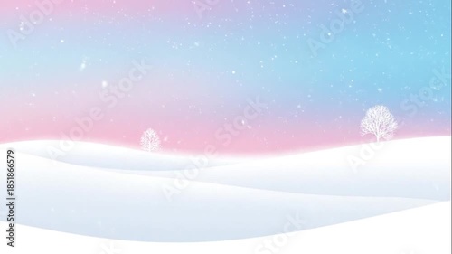 Serene Winter Wonderland Scene with Pastel Sky and Snow-Covered Hills for Seasonal and Nature-Themed Projects