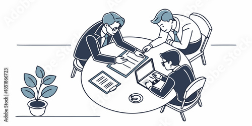 Three businessmen collaborating around a table reviewing documents and using a laptop during a meeting