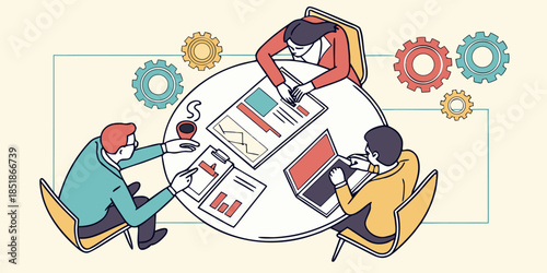 Three colleagues collaborating around a table reviewing business reports with gears symbolizing teamwork