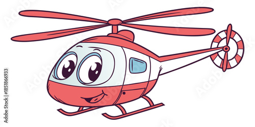 Adorable cartoon helicopter mascot design with a happy face and vibrant red and white coloring
