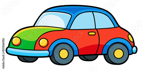 Fun cartoon car illustration with bright multi colored body design perfect for children's themes