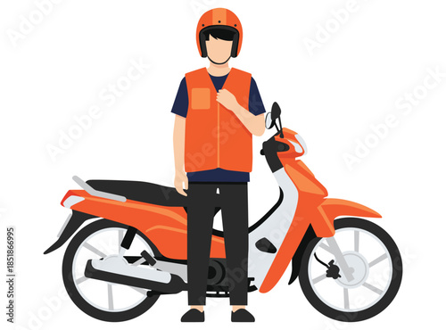 Thai Motorcycle taxi rider driver wearing orange vest and helmet standing next to his scooter motorcycle. Delivery service concept.