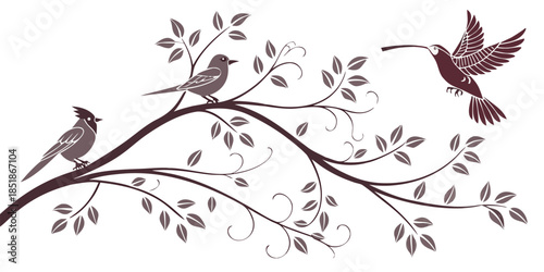 Stylized illustration of various birds perched and flying among dark brown branches with leaves