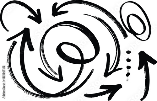A stylized illustration of interconnected arrows forming circular and spiral patterns