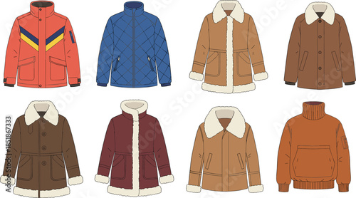 Winter coat collection, shearling jackets, pullover sweater, cozy outerwear, seasonal fashion, warm clothing, stylish layers, vector design, flat illustration