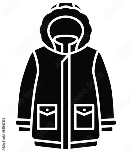 Winter coat icon, black and white, hooded outerwear, insulated design, cold weather gear, fashion sketch, vector outline, flat illustration