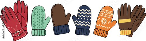 Winter gloves and mittens, colorful styles, cozy handwear, seasonal accessories, fashion variety, warm clothing, vector design, flat illustration