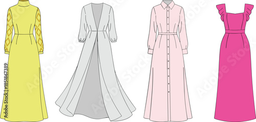 Women long dress collection, flat vector illustration, elegant maxi gowns and casual dresses, modern female fashion set