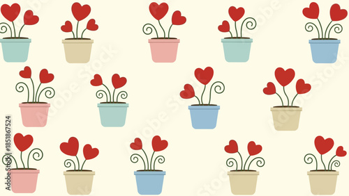 Charming Heart Flowers in Colorful Pots Pattern Design