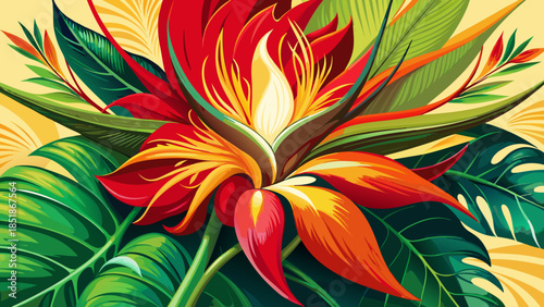 Very beautiful brilliant red and yellow Mexican bird of paradise flower, highlighting vibrant petals, tropical warmth, and striking natural contrast within an elegant botanical floral composition.