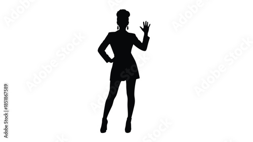 Silhouette of a confident woman in a dress jacket waving hello against a white background
