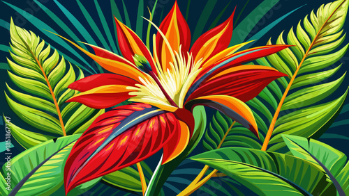 Very beautiful brilliant red and yellow Mexican bird of paradise flower, highlighting vibrant petals, tropical warmth, and striking natural contrast within an elegant botanical floral composition.