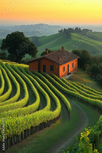 Fantasy art: vineyard in Tuscany,view of a red painted farmhouse surrounded by neat rows of grape vines, natural background at sunrise