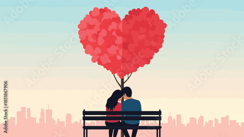 Romantic Couple Under Heart-Shaped Tree in Urban Setting