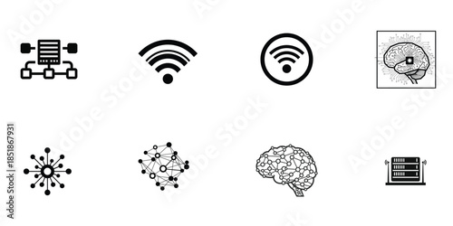 WebA collection of black and white icons representing technology and networking concepts
