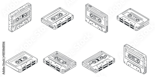 A collection of cassette tapes in black outline vector style, perfect for retro music-themed designs and projects