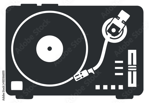 A black and white minimalist vector illustration of a turntable with a vinyl record and tonearm, ideal for music-related projects
