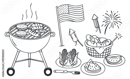 A barbecue grill with meats and vegetables, accompanied by picnic items, an American flag, and fireworks in black and white outline style, perfect for summer celebration themes