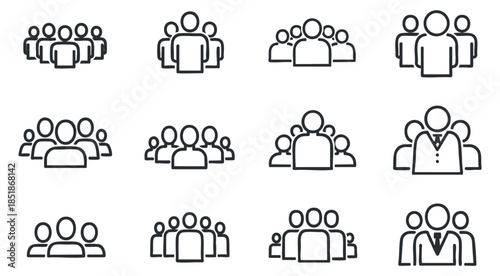 A set of diverse people icons representing various groups, teams, and individuals in clean outline vector style, suitable for social networking and business applications
