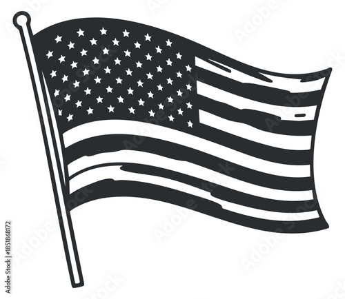 A waving American flag illustration in black and white minimalist vector style, suitable for patriotic designs and events