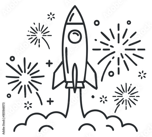A rocket launching amidst colorful fireworks in a clean outline vector style, perfect for celebrating innovation and achievements