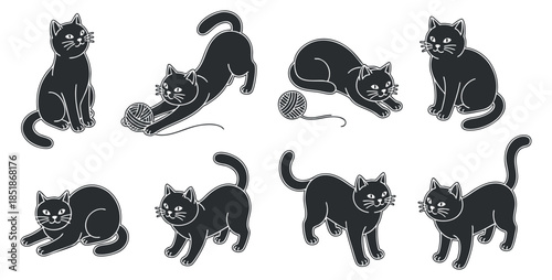 A set of playful black cats with yarn in minimalist vector style, ideal for pet-related designs and illustrations