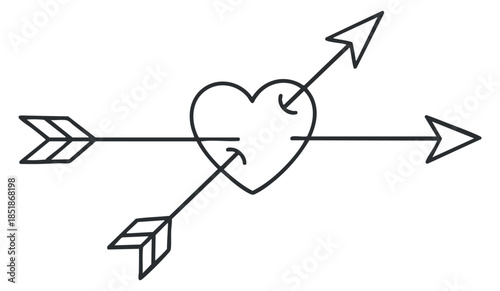 A heart pierced by two arrows in minimalist outline vector style, perfect for romantic designs and Valentine's Day themes