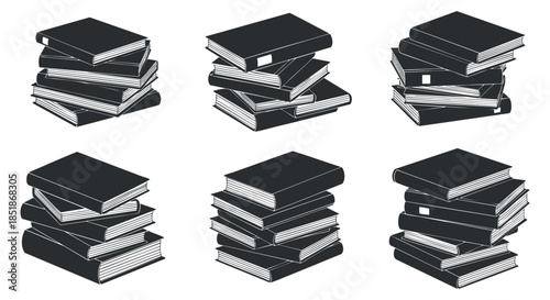 A collection of stacked books in black and white minimalist vector style, ideal for educational materials and library designs
