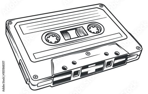 A vintage audio cassette tape in a clean black and white outline vector style, suitable for music-related designs and retro themes