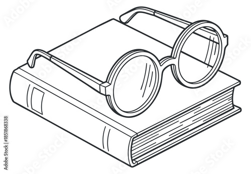 A book with round glasses on top in black and white outline vector style, suitable for educational and literary projects