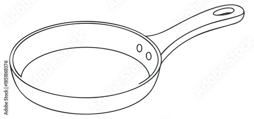 A simple outline illustration of a frying pan in minimalist black and white vector style, suitable for culinary designs and kitchen themes