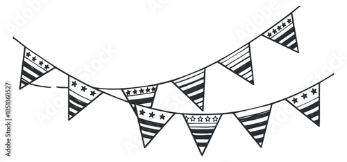 A set of striped and star-patterned bunting flags in black and white line art vector style, ideal for festive decorations