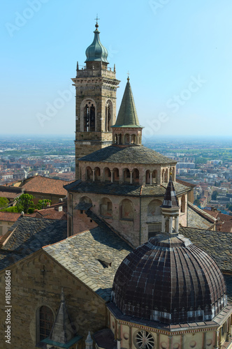 view on cupolas and towers of old city of Bergamo, Italy