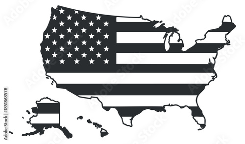 An outline of the United States featuring the American flag design in black and white vector style, ideal for patriotic graphics and educational projects