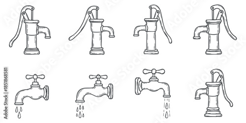 A collection of various faucet illustrations showing different styles and water flow effects in black and white outline vector style, suitable for plumbing and design projects