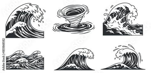 A collection of six wave illustrations featuring various styles, including swirling tornado and turbulent ocean waves in black and white outline vector, suitable for marine-themed projects