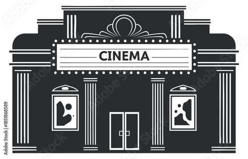 A cinema building with a marquee sign in black and white vector style, ideal for film festival branding