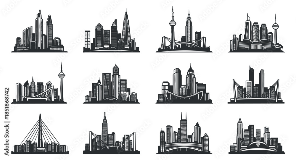 Fototapeta premium A collection of urban city skylines in black and white vector style, suitable for architectural design projects and travel graphics