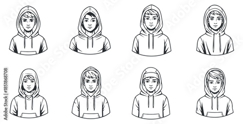 A set of eight character illustrations featuring individuals in hoodies in black and white outline vector style, suitable for youth culture branding and digital projects