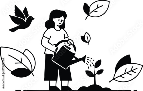 Line art close up woman watering a small potted plant on garden soil with bird flying and falling leaves black and white calm nurturing scene vector