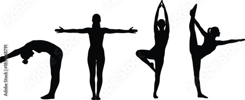 Set of black silhouettes featuring a woman performing various yoga poses including tree pose and backbend for wellness and meditation