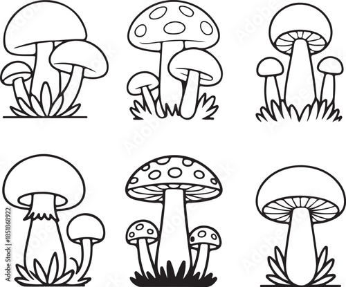 Cartoon mushroom illustrations, black and white fungi drawing. simple mushroom sketch set, cute mushroom vector, hand drawn mushroom art.