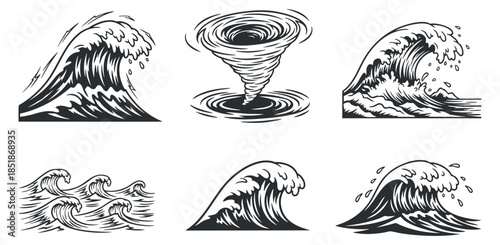 A collection of ocean waves and a tornado in black and white vector style, ideal for nautical themes and designs