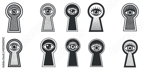 A collection of keyhole icons featuring various eye designs in black and white minimalist vector style, perfect for security and mystery-themed projects