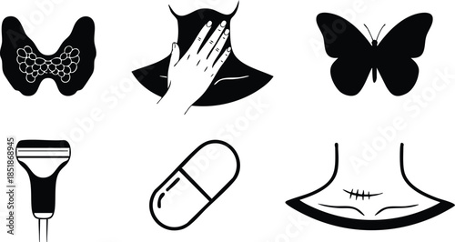 Flat design close up thyroid and neck icons showing hand on neck butterfly gland scar pill razor and surgical incision in black silhouette vector medical set