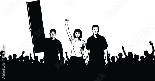 Silhouette vector of three protesters front row one raising fist holding tall sign crowd background high contrast black and white close up composition graphic poster design
